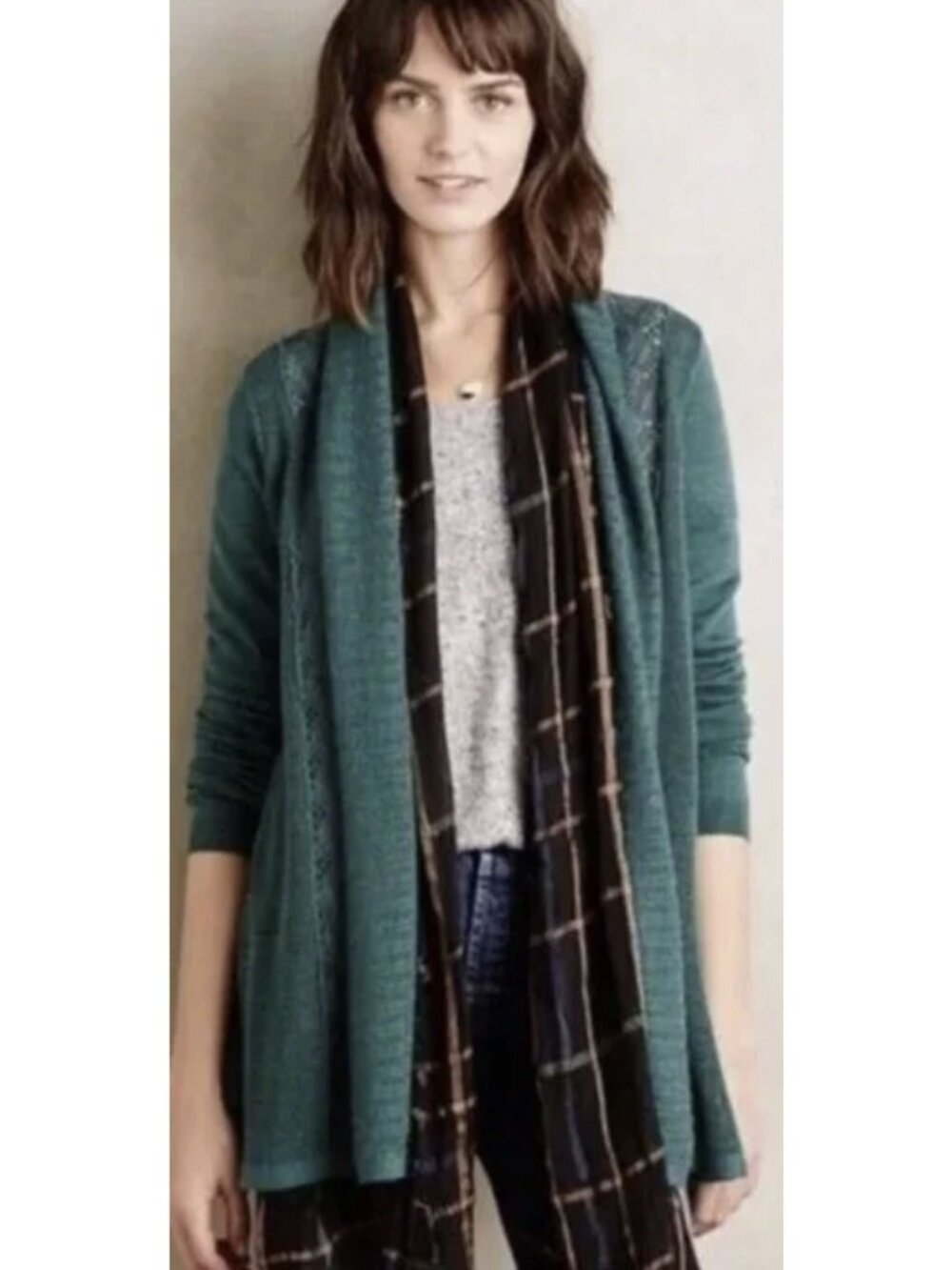 Anthropologie Knitted & Knotted Wool Mohair Lace Open Cardigan Sweater Green, S